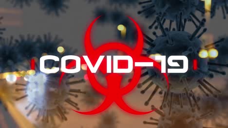 signo de peligro con texto de covid-19 y células que se mueven contra el procesamiento de datos del mercado de valores