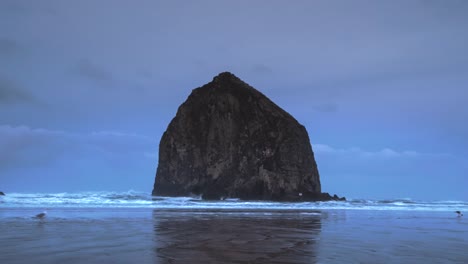 Timelapse-De-Una-Playa-De-Cañones-De-Mal-Humor-Con-Niebla-Baja-Y-Olas-Rompiendo-Con-Algunas-Gaviotas-Merodeando-Por-La-Arena