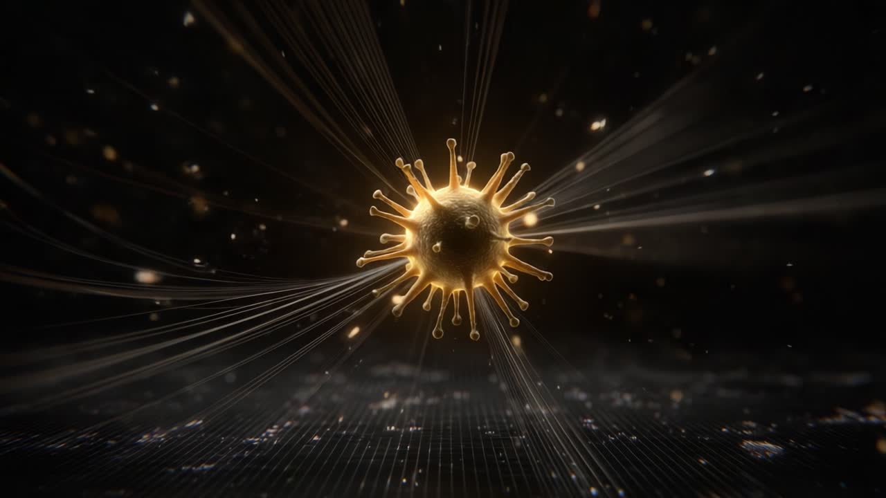 A Stunning Visualization of a Virus with Glowing Properties, Radiating Energy and Complex Patterns in an Abstract Space, Highlighting the Intricacy of Microbial Life