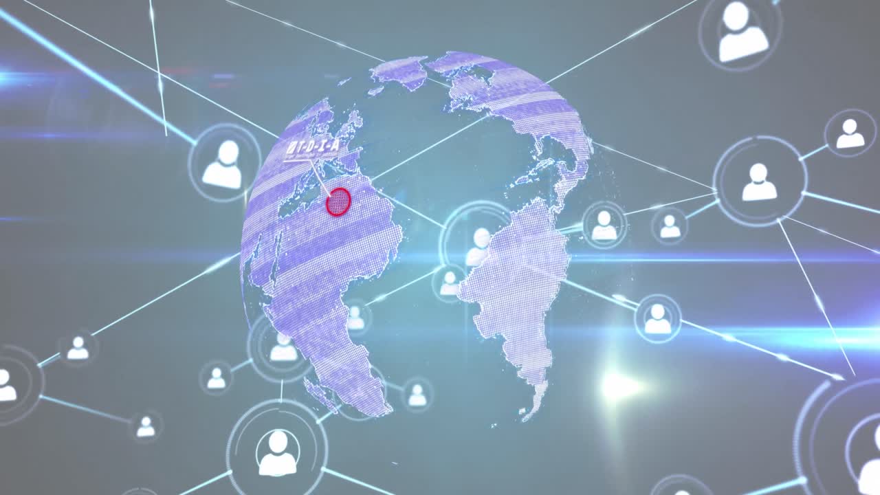 프로필 아이콘 네트워크의 애니메이션과 파란 빛 트레일에 대항하여 회전하는 지구 위의 평면 아이콘