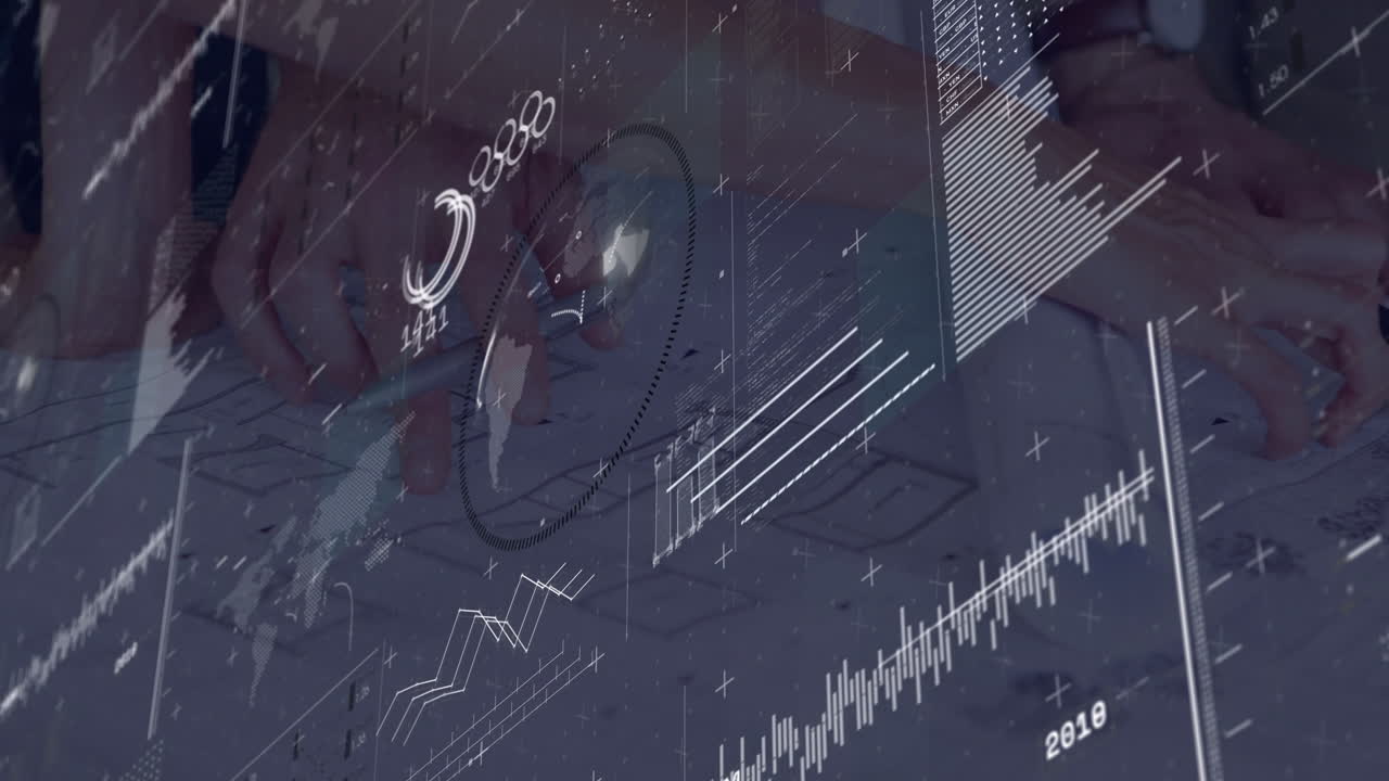 Animation of geometric patterns and graphs on digital interface with dark background