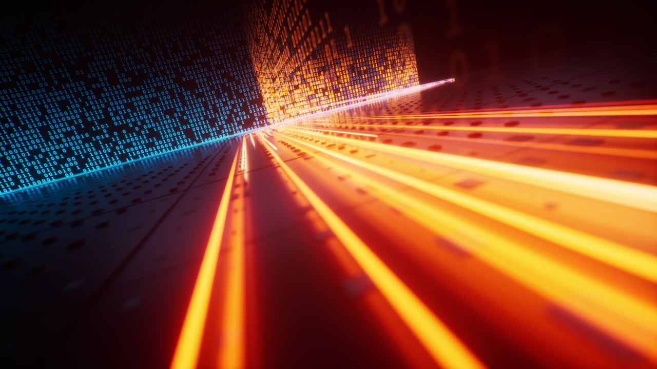 Flowing neon lines with binary data background, 3d rendering