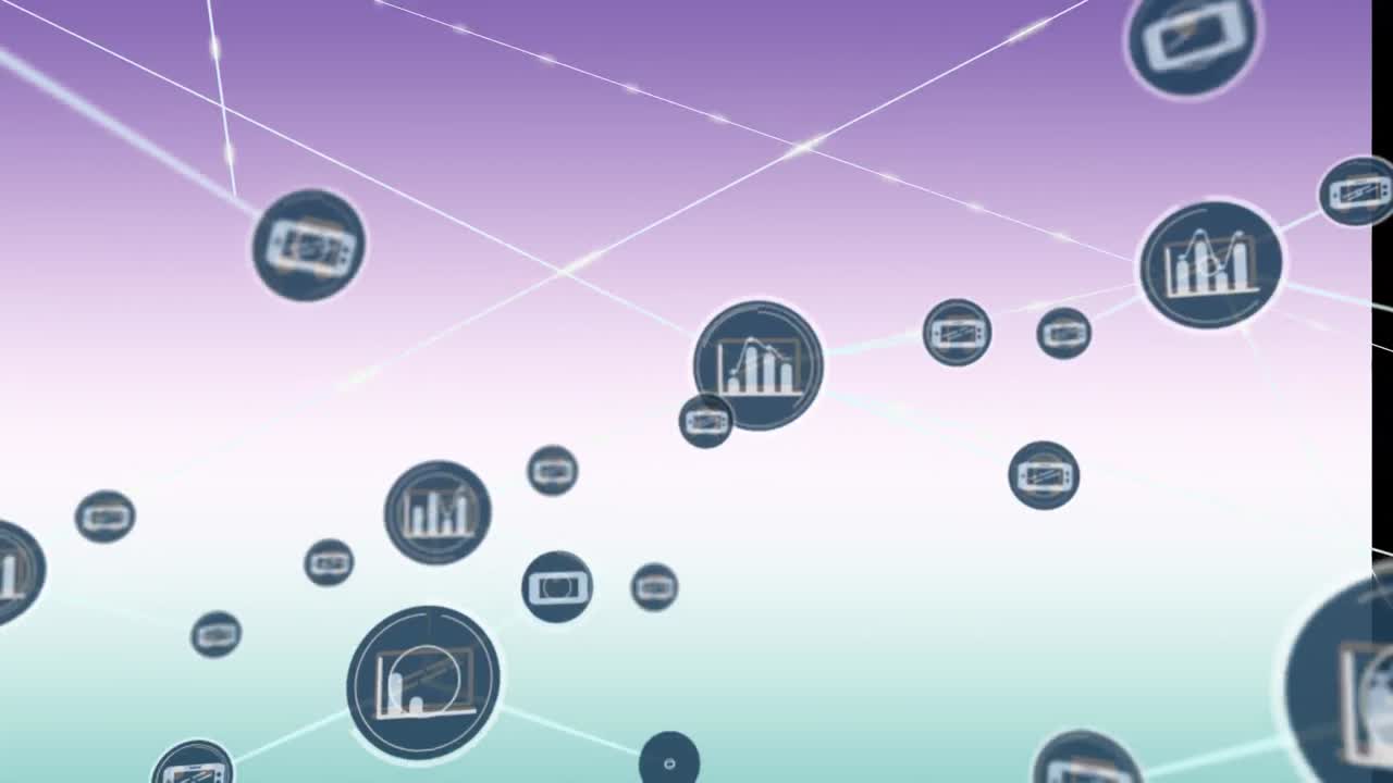 Animation of network of connections with icons over blue background