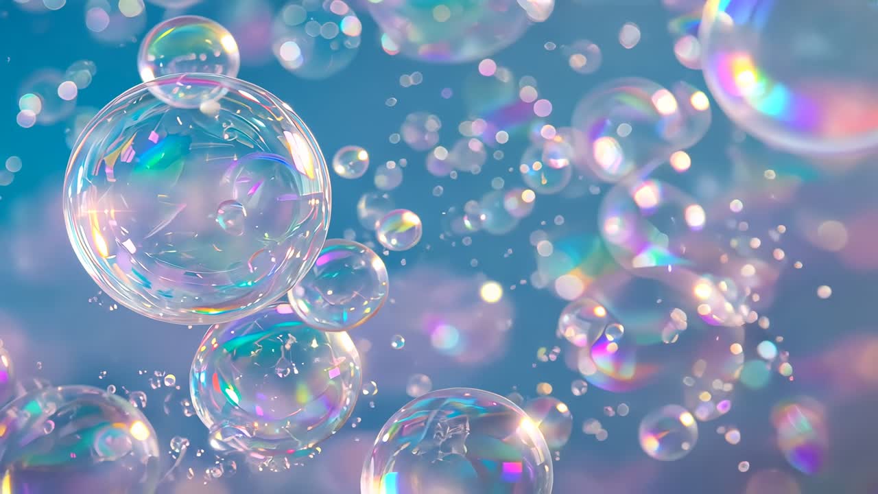 Opening frame showing soap bubble cluster drifting on pastel gradient, creating droplet sparkle