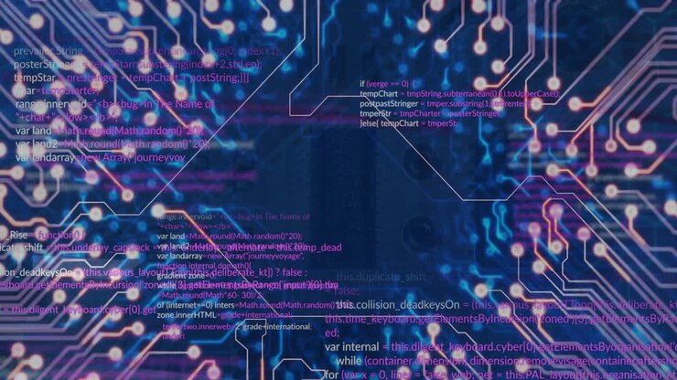 Animation of computer circuit board and data processing over server room