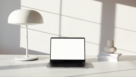 Camera-zooming-in-on-a-laptop-which-is-switched-on-and-placed-on-a-white-table-adorned-with-beautiful-white-lamp-shade,-flower-vase-and-books