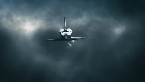 space shuttle descending through dark gray storm clouds and lightning