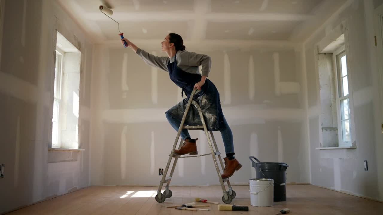 Mulher pintando, usando avental de pintura em uma escada, rolando tinta no teto perto de baldes para reforma