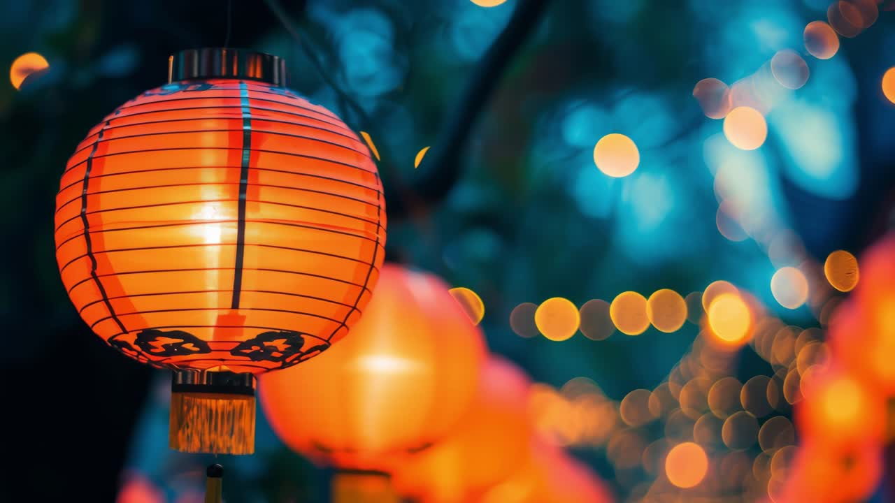 Traditional red lanterns create a festive atmosphere, glowing warmly against a backdrop of blurred bokeh lights, evoking a sense of celebration and cultural richness