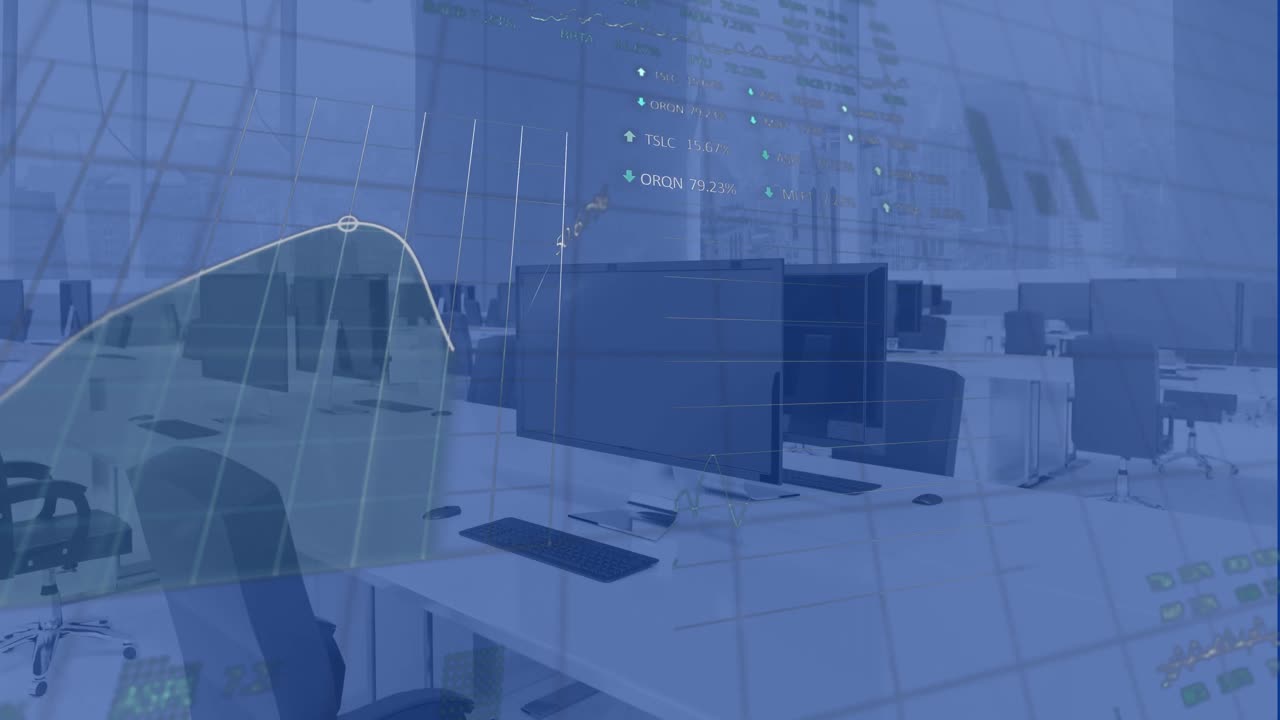 현대적인 사무실을 통해 통계 및 금융 데이터 처리의 애니메이션