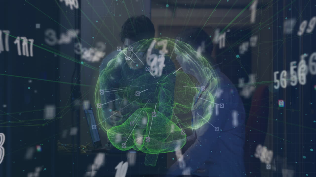 animación del procesamiento de datos y el cerebro digital sobre diversos trabajadores en la sala del servidor