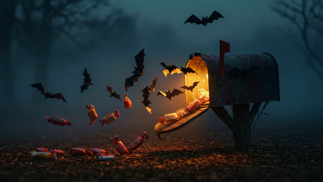 A Creepy Halloween Night Scene with an Open Mailbox Overflowing with Colorful Candies and Flying Bats, Illuminated by Eerie Light in a Misty Forest