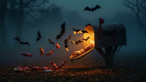 a creepy halloween night scene with an open mailbox overflowing with colorful candies and flying bats, illuminated by eerie light in a misty forest