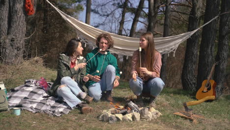 dos niñas y un niño calientan malvaviscos en una hoguera en el bosque