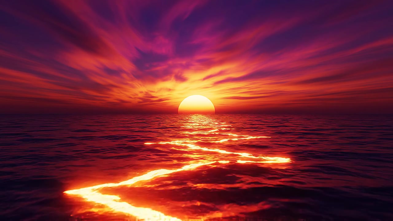 Tramonto vivace su onde oceaniche calme con riflessi luminosi