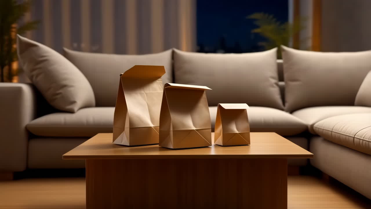 Three brown paper bags on a coffee table in a cozy living room