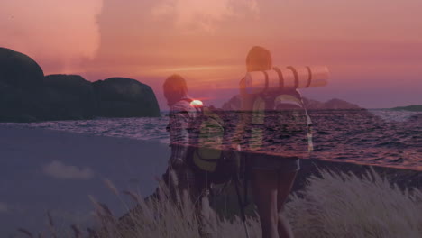 couple hikers walking coastal trail at sunset, blending travel-themed ocean horizon overlays