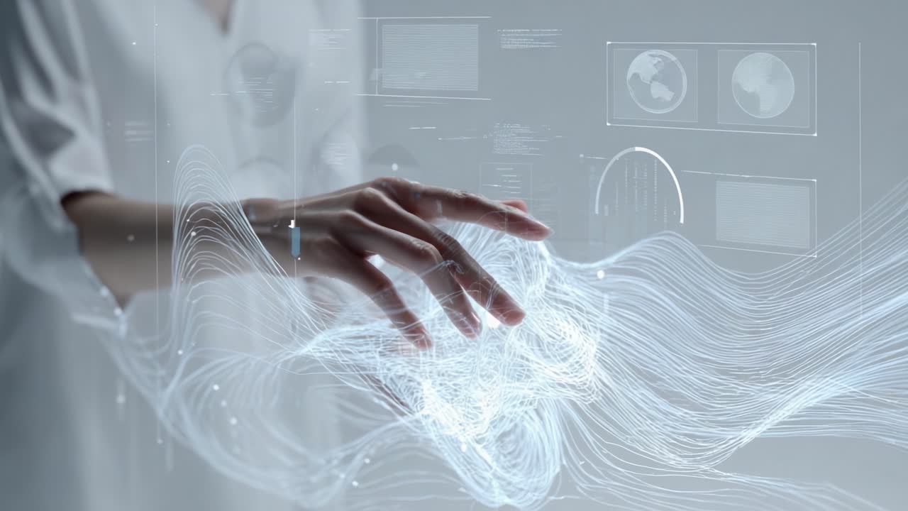 Seamless Interaction with Digital Data: A Transcendent Exploration of Hands Manipulating Flowing Light and Information in a Cutting-Edge, Ethereal Virtual Environment, Evoking Ideas of Connectivity and Innovation