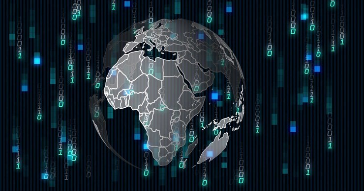 Streaming binary digits causing globe rotating over dark stripes, revealing continents in data flow