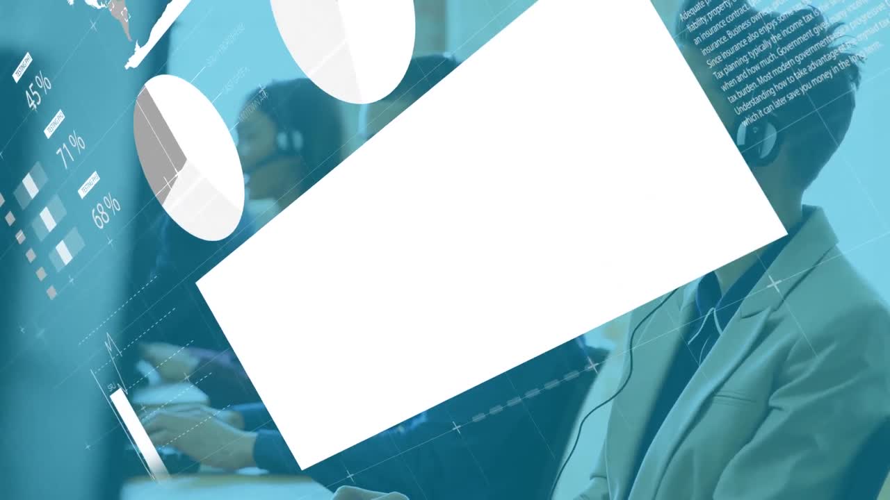 오피스에서 헤드을 착용한 다양한 사업가들에 대한 데이터 처리의 애니메이션