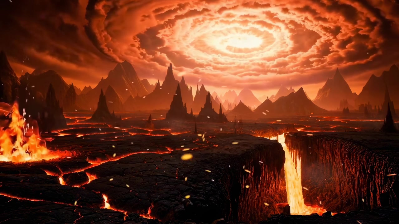 Volcanic Landscape with Flowing Lava and Glowing Sky