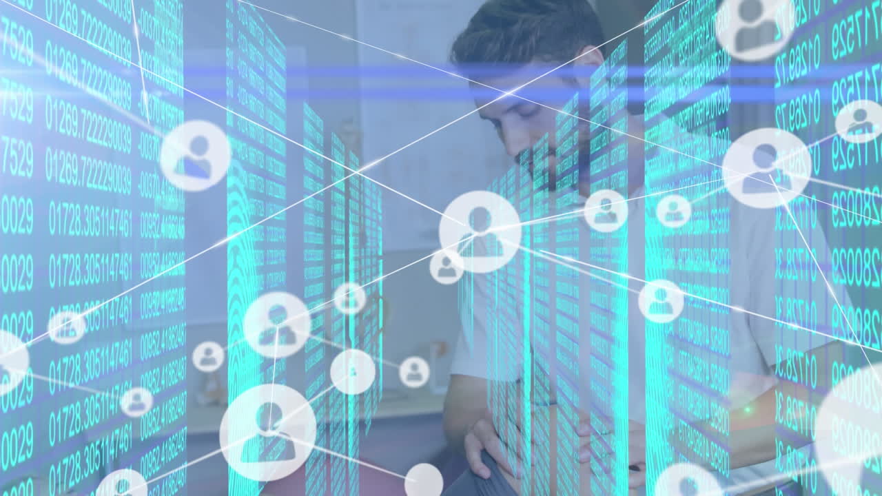 Network of digital icons against caucasian male and female supervisors and male warehouse