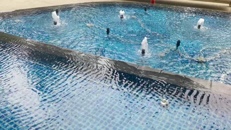 beautiful water fountains with blue pool of water rippling in the wind