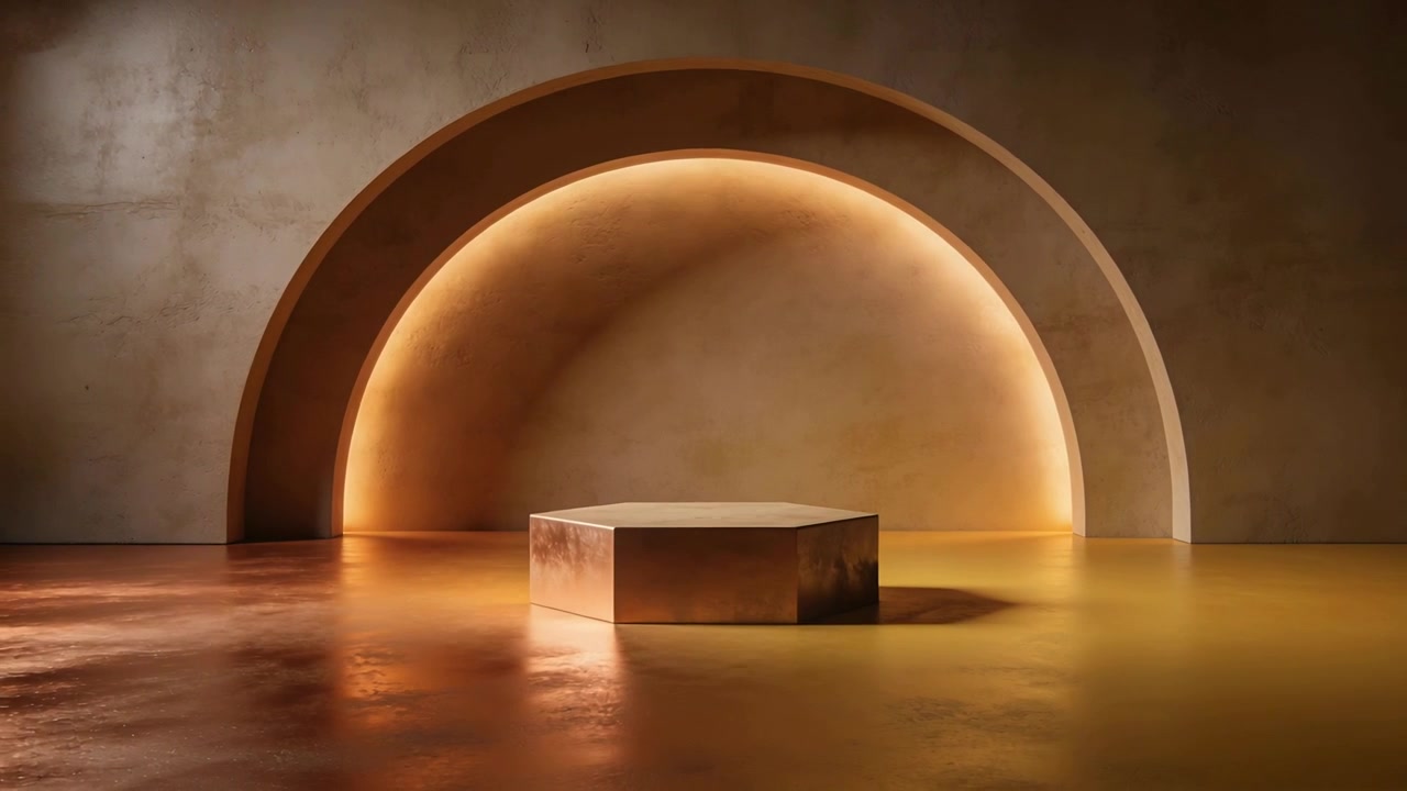 Cambio di illuminazione che fa riflettere a un piedistallo esagonale una luce ambrata sul bordo in un'alcova di una galleria, per esposizione