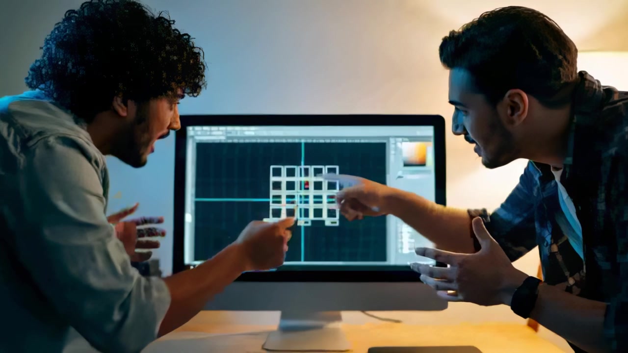 Pointing designers in denim and plaid debating grid placement at home studio, after monitor update