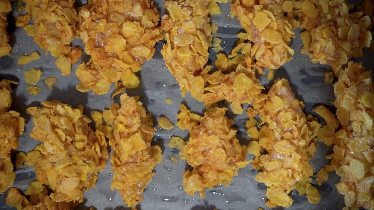 베이킹 트레이에 코팅된 콘플레이크의 생 닭고기