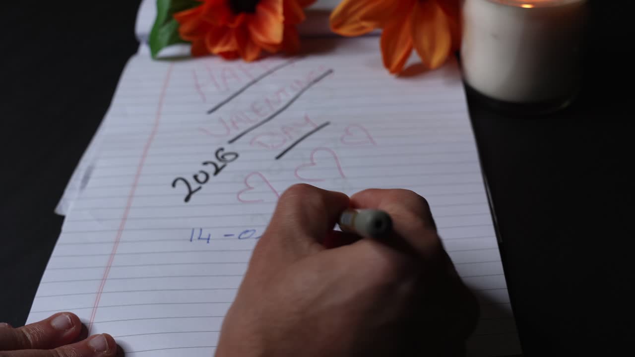 Nærbillede af en hånd, der skriver "Happy Valentine Day" og "14-02-2026" på en foret notesbog med hjerter, orange blomster og et tændt stearinlys i glas på et mørkt bord i varm, dæmpet indendørs belysning.