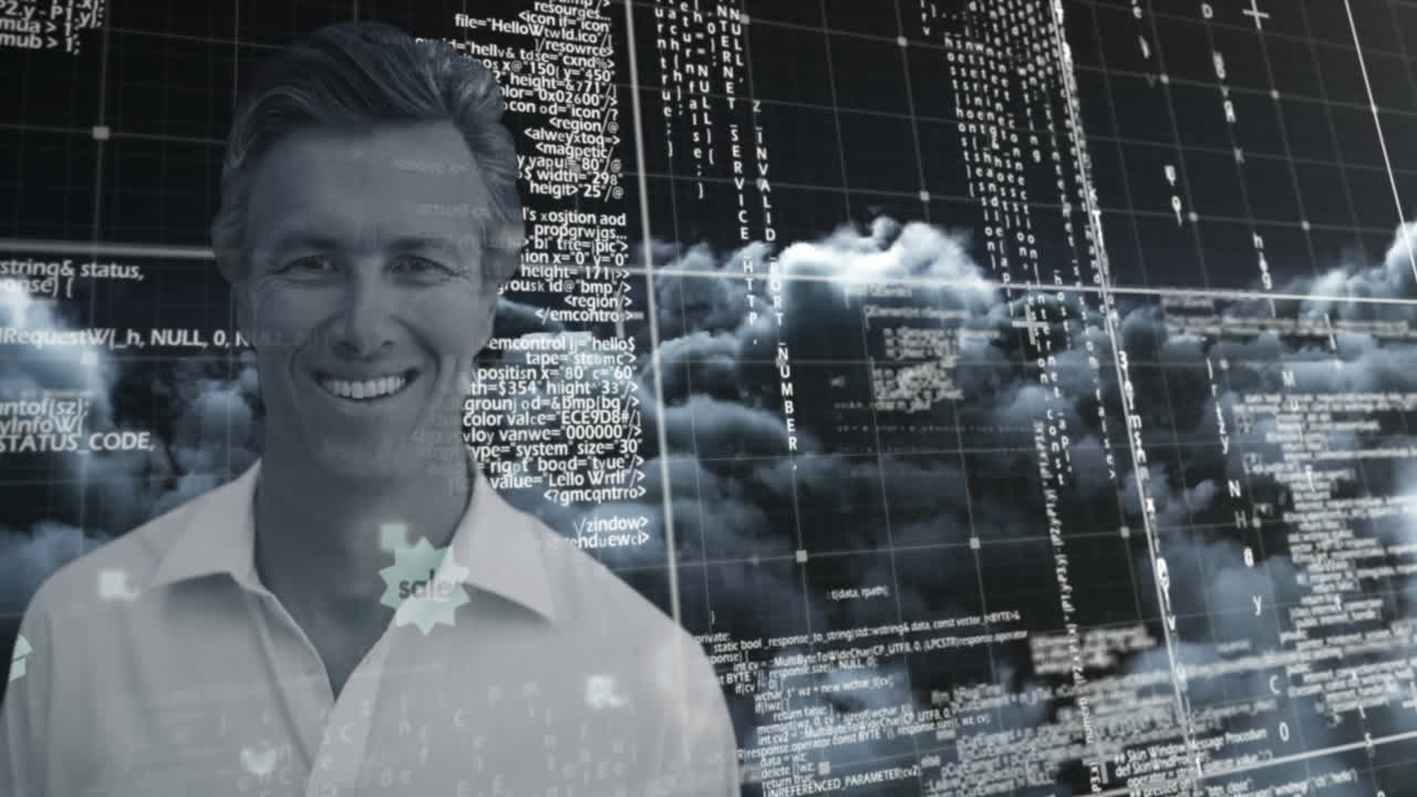 animación de un hombre de negocios sonriendo sobre el procesamiento de datos contra las nubes