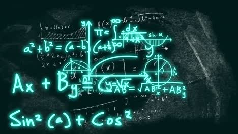 animation of mathematical formulae and scientific data processing over black background