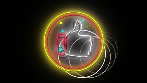 animation of neon thumb up like symbol in yellow and red rings, with data loading rings on black