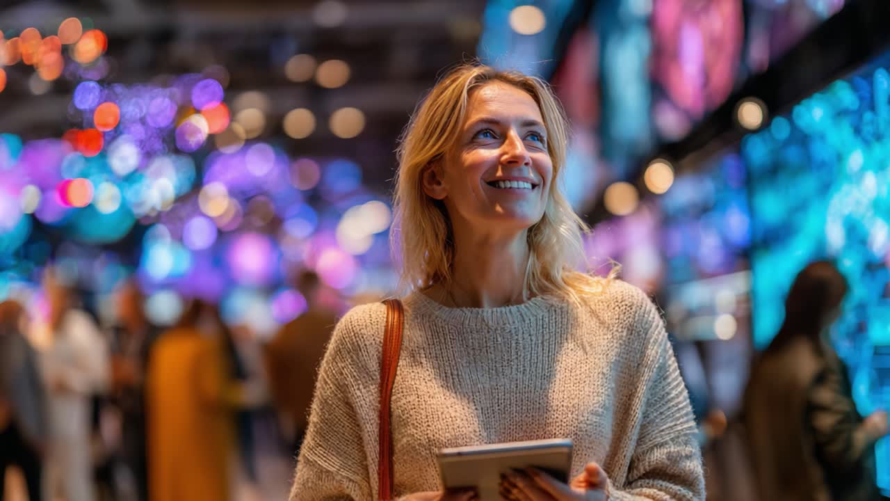 A Joyful Woman Smiling in a Colorful Exhibition Filled with Lights and Digital Displays, Capturing the Essence of Wonder and Delight in a Contemporary Setting