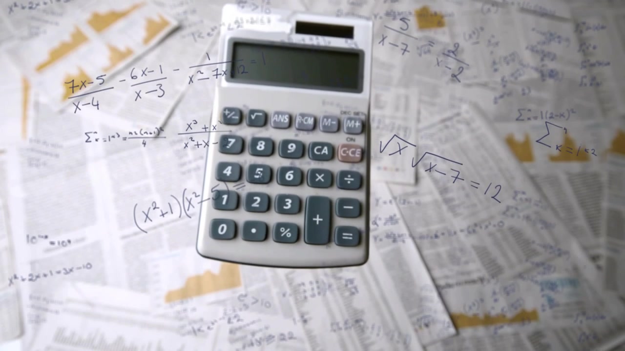 Camera pulling back, calculator rising and rotating, showing keypad, solar strip and algebra notes