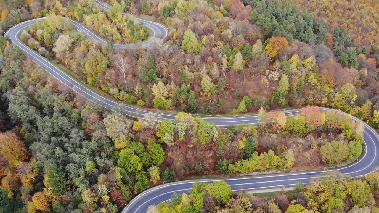 camino de montaña sinuoso a través del bosque de otoño, paso en el desierto desolado