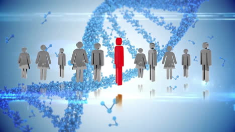 animation of icons over dna strand and light trails on blue background