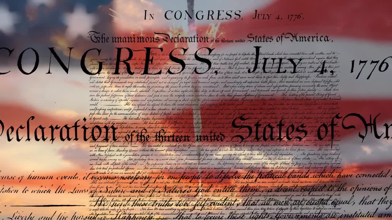 Written declaration of independence of the United States with flag and sparkle