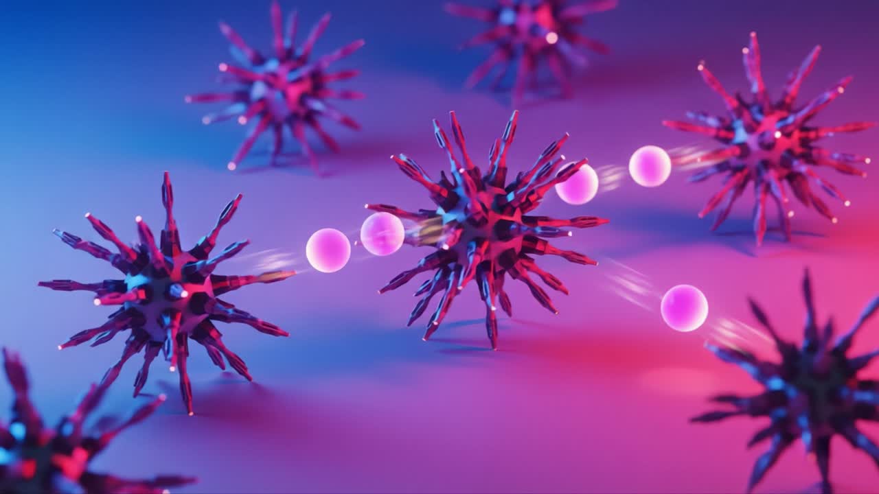 Dynamic Microscopic Visualization of Interacting Particles in a Colorful Scientific Environment, Showcasing Their Movement and Interconnectivity Under Vibrant Lighting Conditions