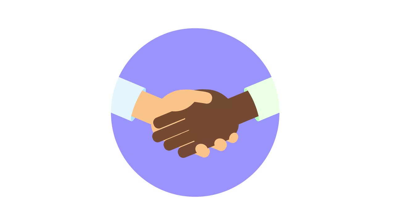Interracial handshake in the circle. Join hands, teamwork, friendship. Flat animation. Isolated on white background.