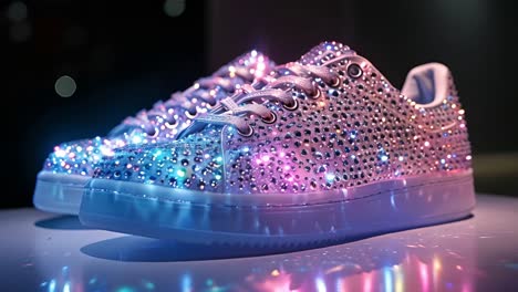 sparkly rhinestone sneakers with vibrant blue and pink lighting
