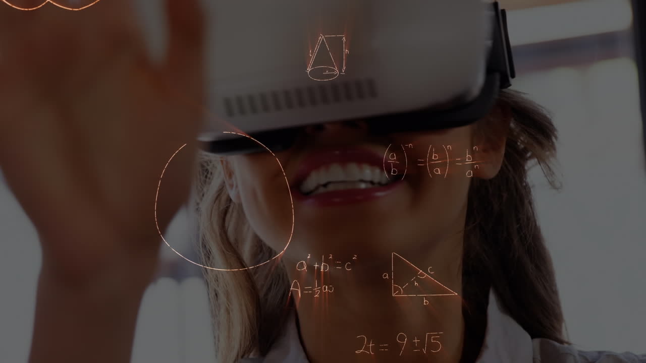 animazione di formule matematiche su scolaretta usando auricolari vr