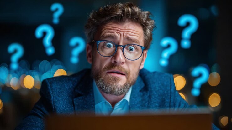 A pensive individual stares at a screen, surrounded by glowing question marks, conveying surprise and confusion in a captivating, illuminated environment