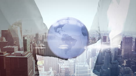 animation of globe over mid section of businessman and businesswoman shaking hands against cityscape