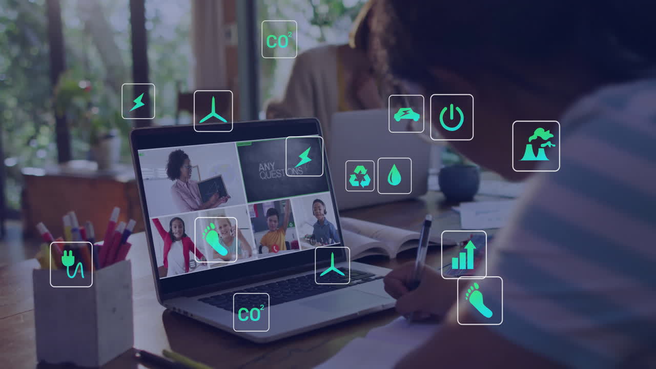 In school, people watching animation of environmental icons during virtual meeting