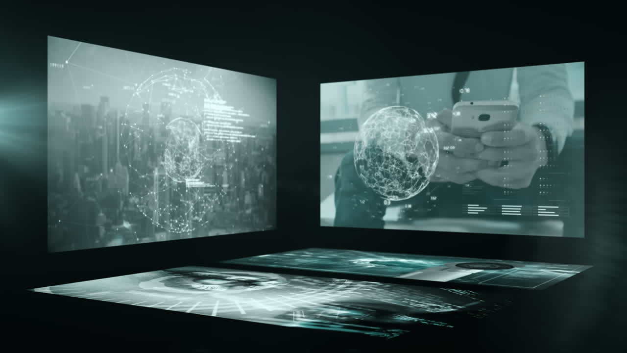 스마트 폰을 사용하는 사업가와 검은 바탕에 회전하는 지구의 화면의 애니메이션