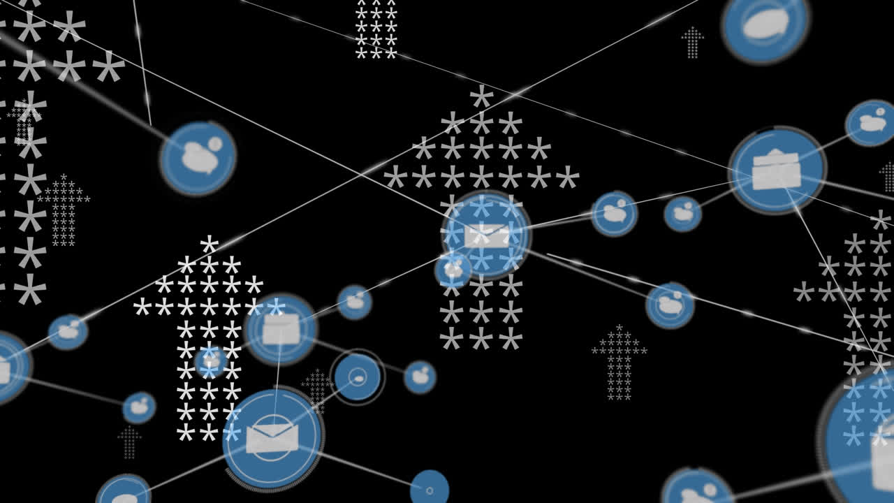 Animation of network of connections with email icons over arrows on black background