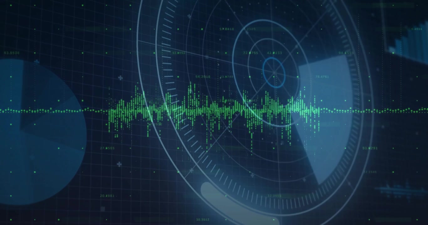 Onda verde che si estende su un'interfaccia a griglia piatta, mentre anelli radar ruotano con dati pulsanti.