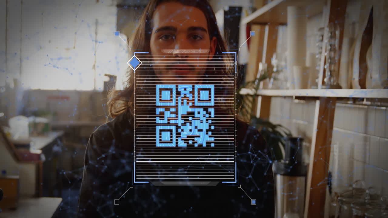 Barista standing in cafe workspace, integrating digital technology with QR code network overlay